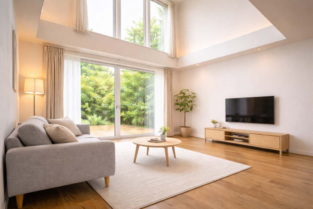 吹き抜けと大開口窓で開放